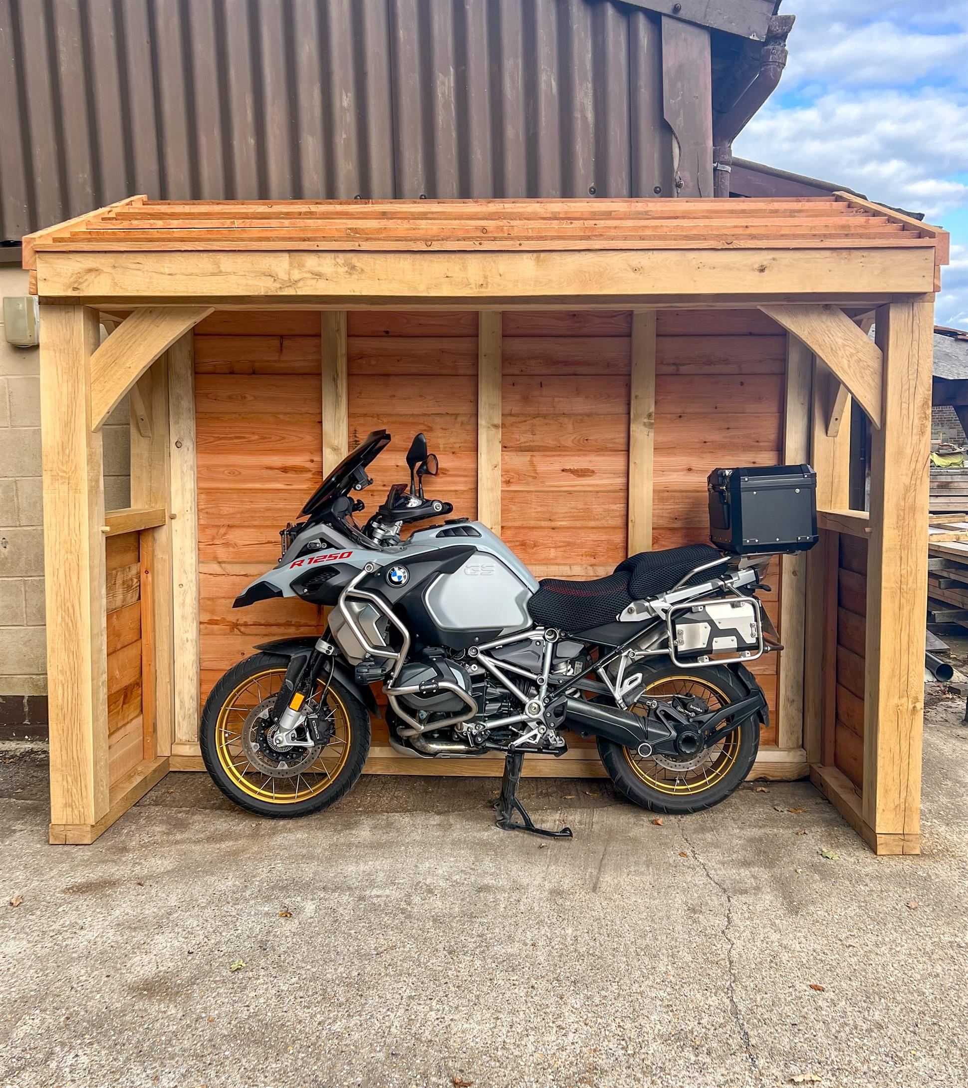 Front View of an Oak Framed Motorbike Store